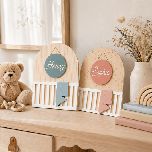 Wood Nursery Décor with Hanging Name Tag & Mini Blanket | Custom Crib-Style Arch Plaque | Baby Shower Gift