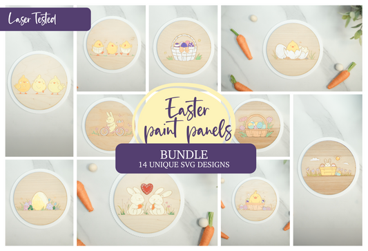 Easter Paint Panel Kit Bundle SVG | 14 Laser Ready Designs | Wood Round Scalloped Edge | Bunnies Chicks Easter Eggs | Laser Ready | Commercial Use