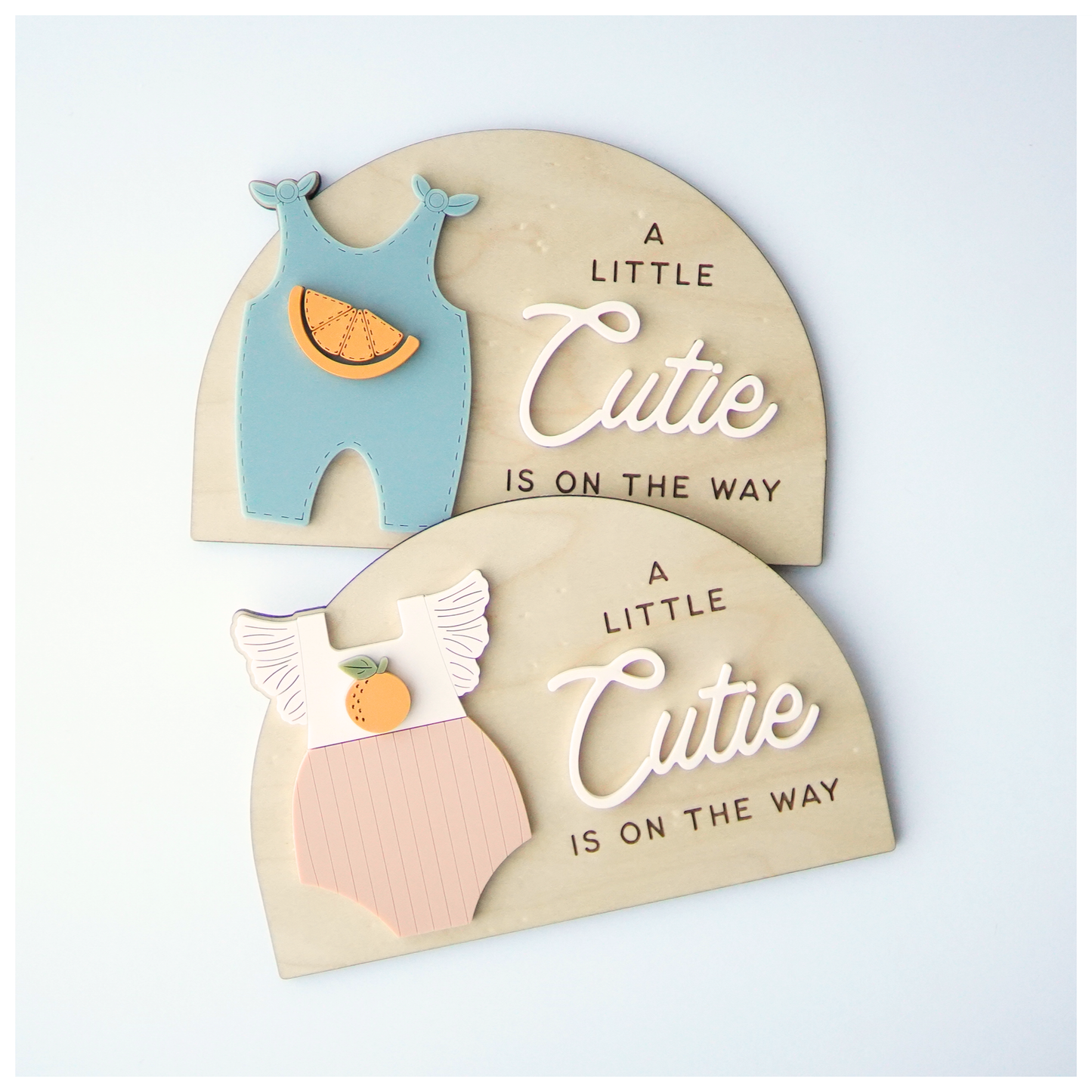 A Little Cutie Is On The Way Sign | Citrus Baby Announcement Wood Decor | Layered Orange Romper Wall Art | Baby Shower Gift | Nursery Decor