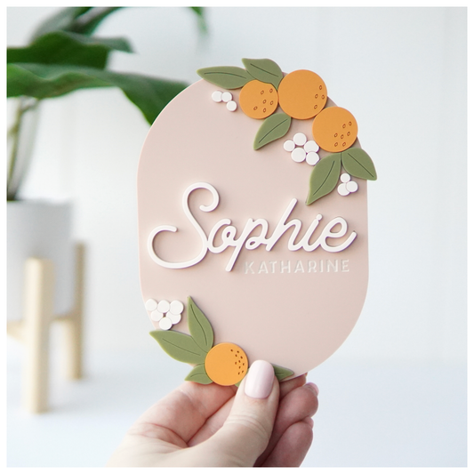 Clementine Name Sign | Personalized Wood Arch Nursery Decor | Cute Orange Blossom Baby Name Plaque | Custom Nursery Wall Art | Baby Shower Gift