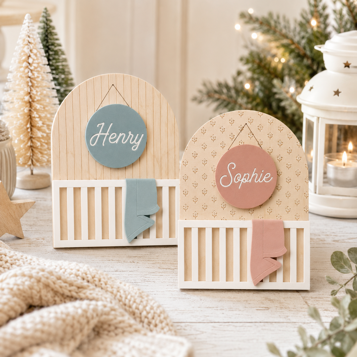 Wood Nursery Décor with Hanging Name Tag & Mini Blanket | Custom Crib-Style Arch Plaque | Baby Shower Gift