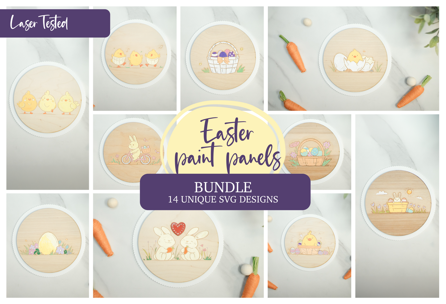 Easter Paint Panel Kit Bundle SVG | 14 Laser Ready Designs | Wood Round Scalloped Edge | Bunnies Chicks Easter Eggs | Laser Ready | Commercial Use